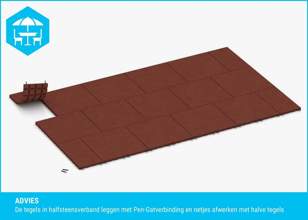 RubbertegelXL - Rubberen Dak- & Terrastegel - 50x25x3 cm Rood - met Pen-Gatverbinding - Legadvies