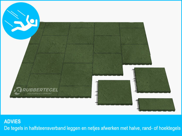 RubbertegelXL - Rubberen Speelplaatstegel - 50x25x4,5 cm Groen - Bovenkant - Legverband Advies
