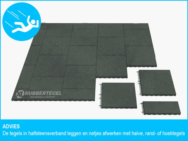 RubbertegelXL - Rubberen Speelplaatstegel - 50x25x4,5 cm - Grijs - Bovenkant - Legverband Advies