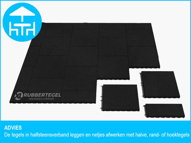 RubbertegelXL - Rubberen Terrastegel - 50x50x3 cm Zwart - met Pen/Gatverbinding - Advies